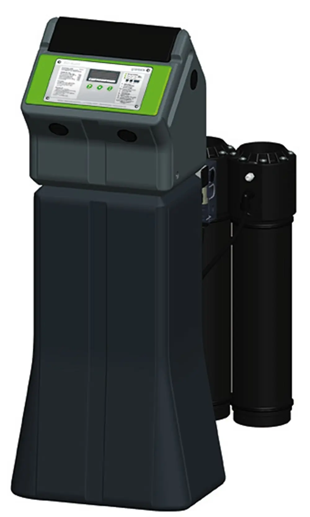 Schwarzes Gerät mit digitalem Display und Steuerfeldern, ergänzt durch zwei schwarze Zylindermodule. Es gehört zu den Produkten von Grünbeck zur Wasseraufbereitung.